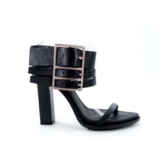 VERSUS by VERSACE Black Side Buckle Leather Sandals - Picture 4 of 12